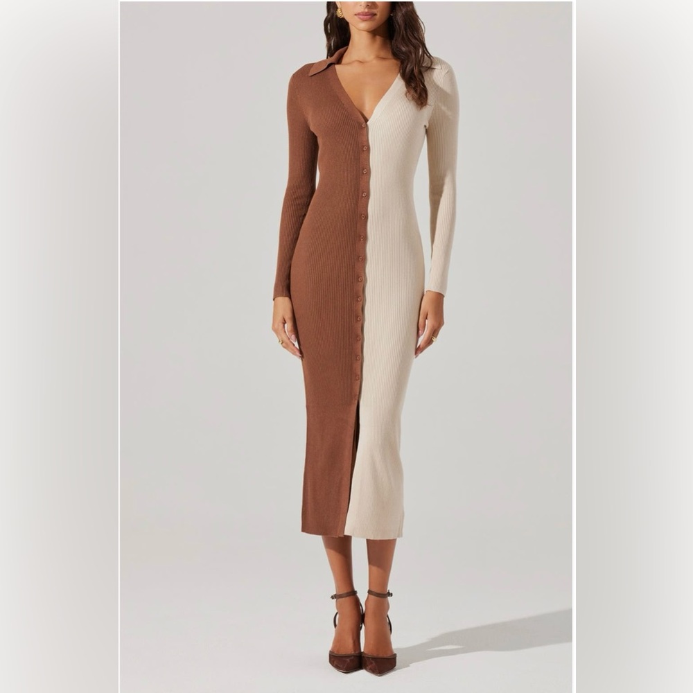 ASTR THE LABEL 
SOLD Two-Tone Brown and Cream Button-Up Dress - Picture 3 of 12